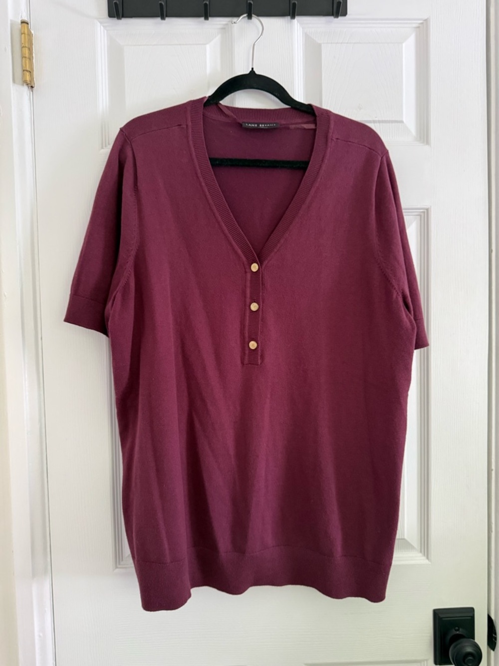 Lane Bryant Burgundy Knit V-Neck Short Sleeve Top - 22/24